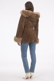 Tetured Shearling Lamb Reversible Parka With Merinillo Shearling Lamb Hood Trim, Tuedo, Cuffs & Belt | Women | Camel x Camel