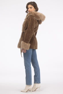 Tetured Shearling Lamb Reversible Parka With Merinillo Shearling Lamb Hood Trim, Tuedo, Cuffs & Belt | Women | Camel x Camel