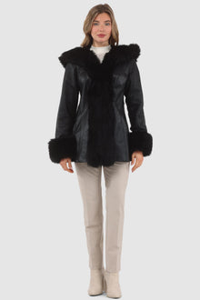 Tetured Shearling Lamb Reversible Parka With Merinillo Shearling Lamb Hood Trim, Tuedo, Cuffs & Belt | Women | Black x Black