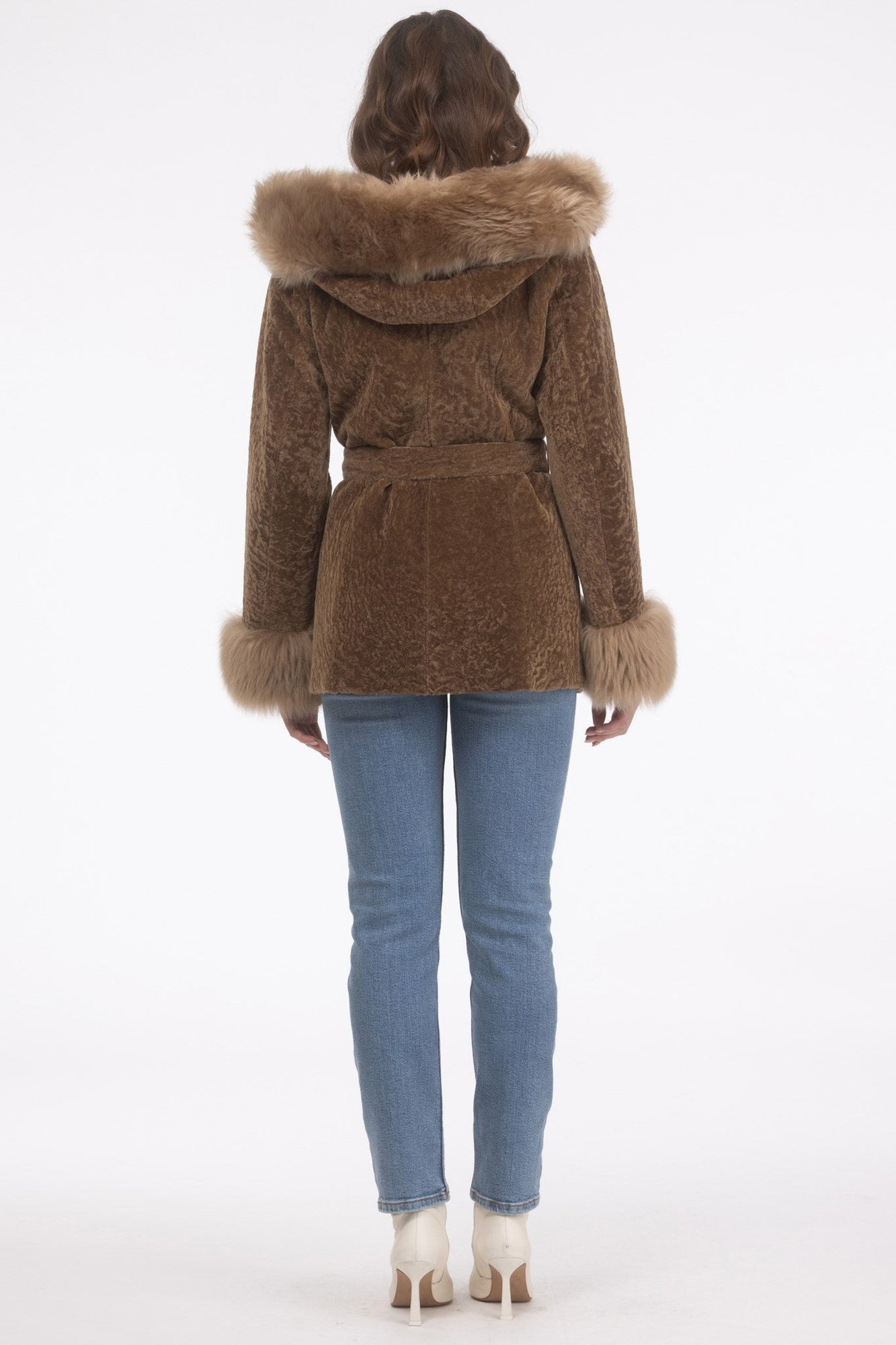 Tetured Shearling Lamb Reversible Parka With Merinillo Shearling Lamb Hood Trim, Tuedo, Cuffs & Belt | Women | Camel x Camel