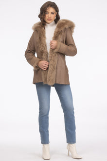 Tetured Shearling Lamb Reversible Parka With Merinillo Shearling Lamb Hood Trim, Tuedo, Cuffs & Belt | Women | Camel x Camel