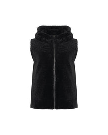 Tetured Shearling Lamb Zip Vest Hooded Reversible To Taffeta | Women | Black x Black