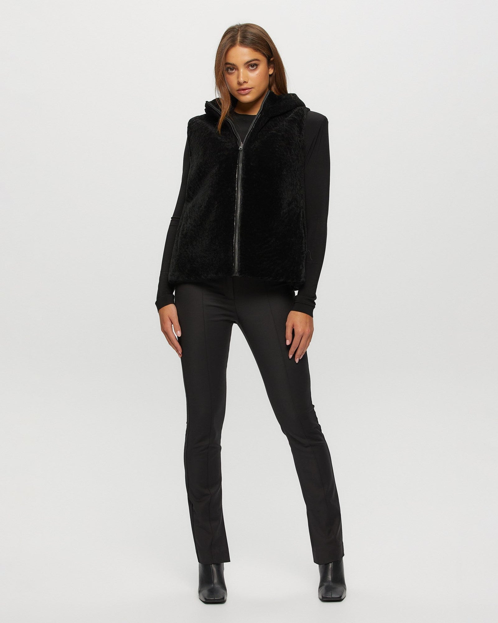 Tetured Shearling Lamb Zip Vest Hooded Reversible To Taffeta | Women | Black x Black