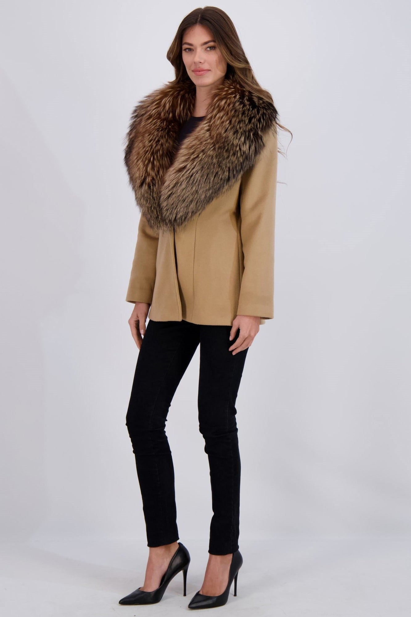 Wool And Cashmere Blend Jacket With Fo Collar | Women | Camel x Brown