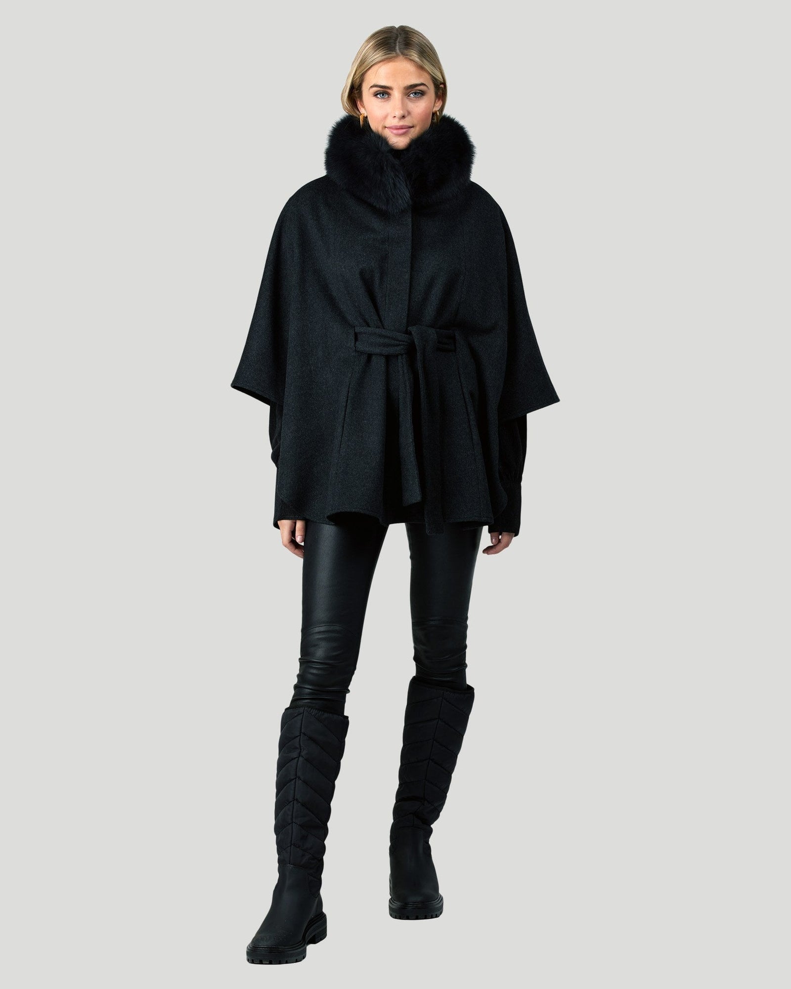 Wool Belted Cape With Fox Collar | Women | Anthracite