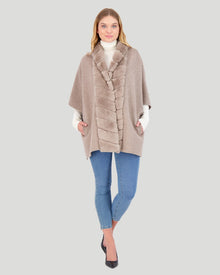 Wool Cape With Chevron Rex Rabbit Trim | Women | Taupe