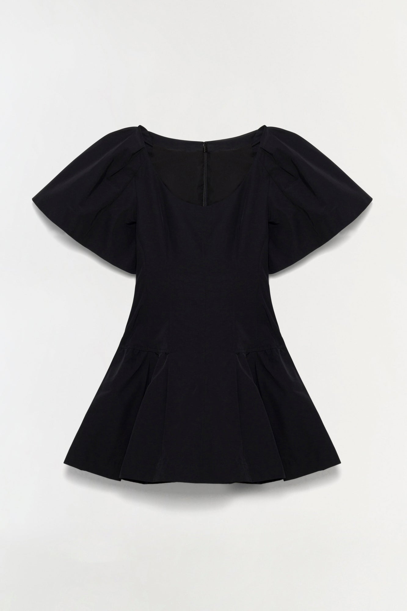Black mini dress with puffed off-shoulder sleeves and fitted bodice with flared skirt.