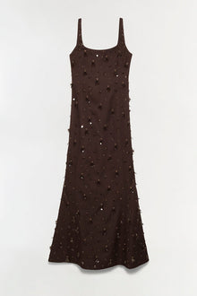 Dark brown sleeveless gown with scattered beaded and sequin embellishments throughout, A-line silhouette.