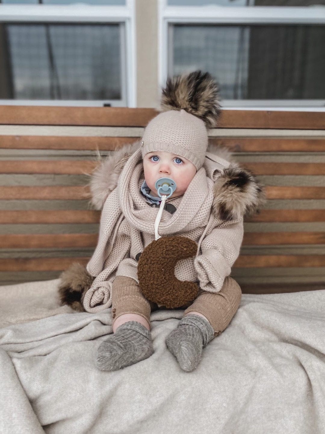 Honeycomb Beige Cashmere Pram Coat with Natural Trim - Petite Maison Kids