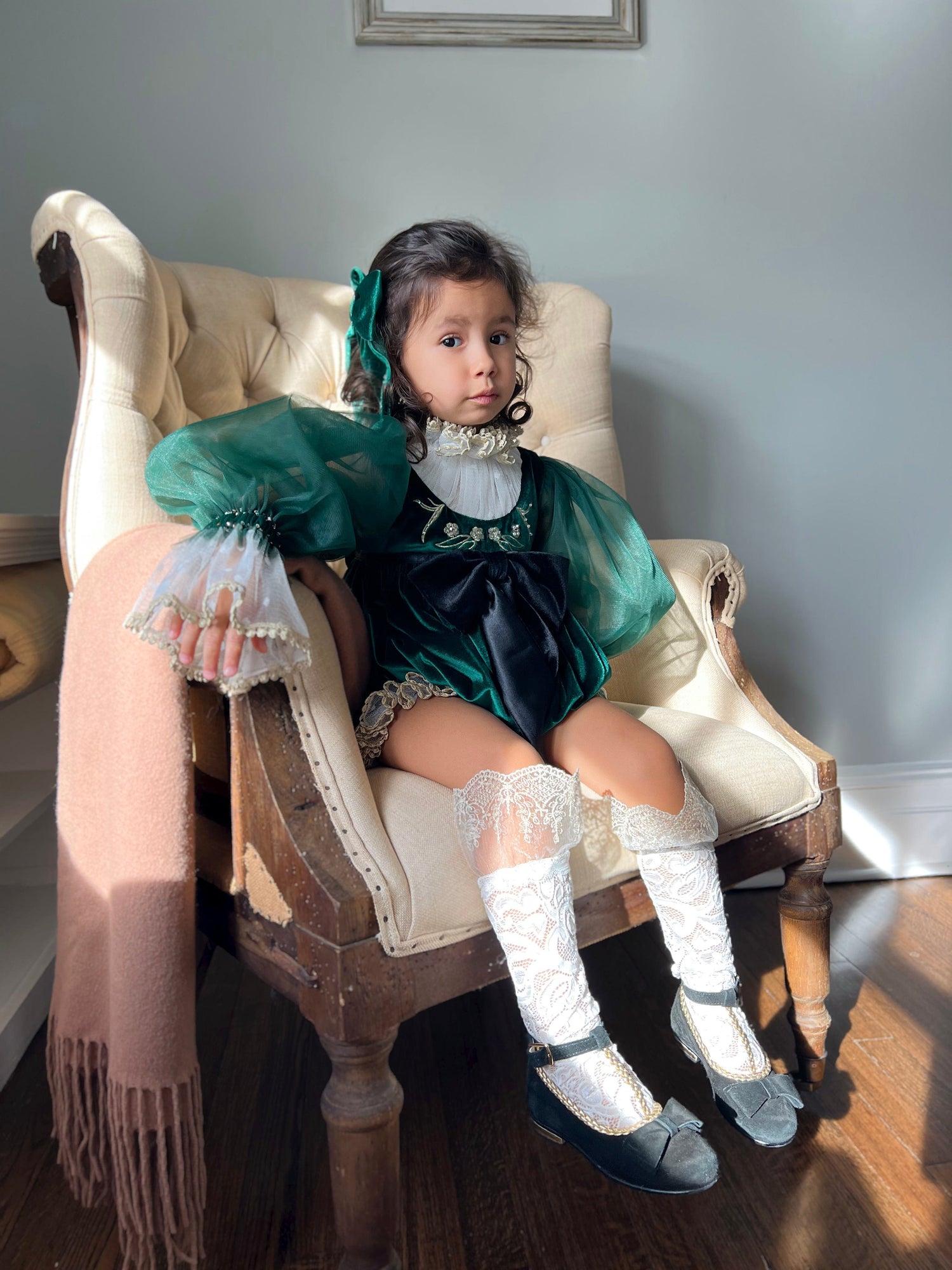 Aurora Royal Green Velour Romper - Petite Maison Kids