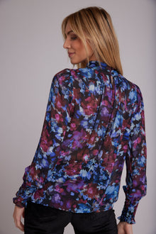 Mock Neck Smocked Cuff Top - Midnight Bloom Print