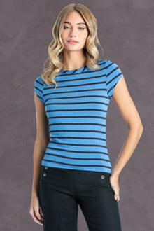 Women | Nautical Stripe Cap Sleeve Fitted Tee | Cadet Blue