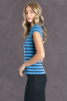 Women | Nautical Stripe Cap Sleeve Fitted Tee | Cadet Blue