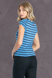 Women | Nautical Stripe Cap Sleeve Fitted Tee | Cadet Blue