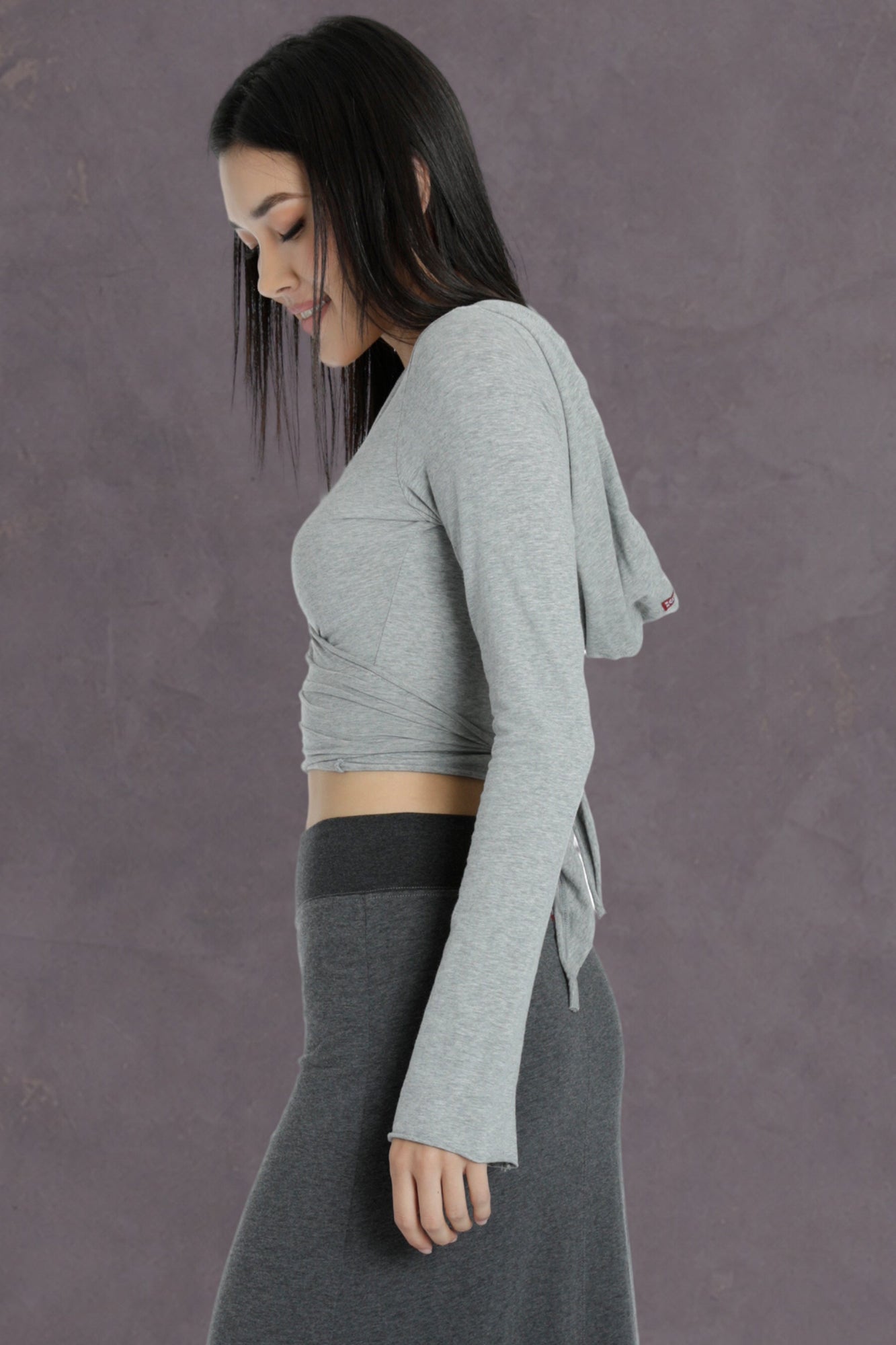 Women | Bell Sleeve Hooded Tie Front Wrap | Heather Gray
