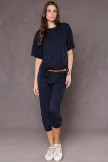 Women | Laced Short Sleeve Baby Fleece Sweatshirt | Past Midnight