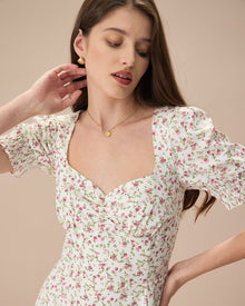 The Floral Puff Sleeve Split Hem Midi Dress Dresses - RIHOAS